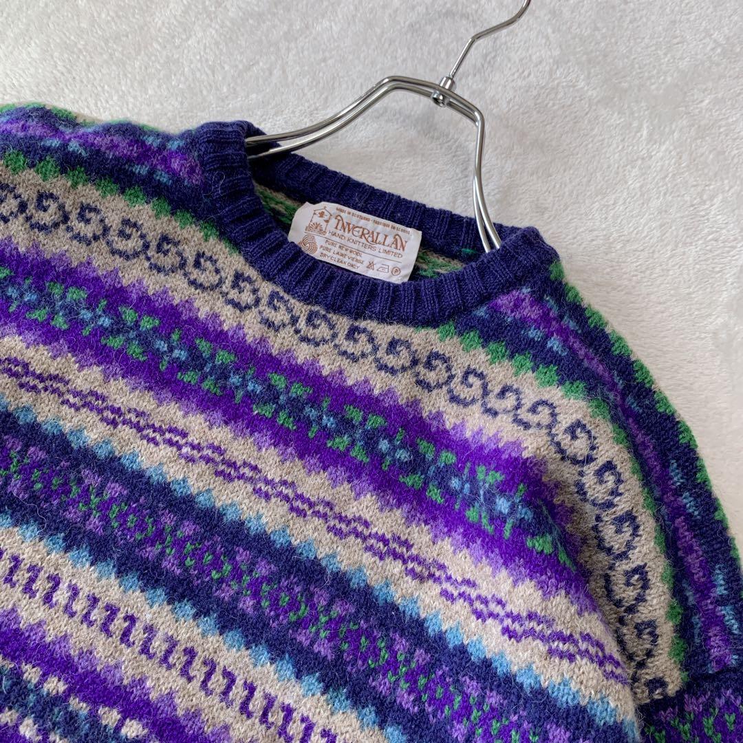 人気 スコットランド製 インバーアラン クルーネック ハンドニット 総柄 茶タグ