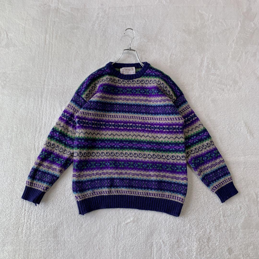 人気 スコットランド製 インバーアラン クルーネック ハンドニット 総柄 茶タグ