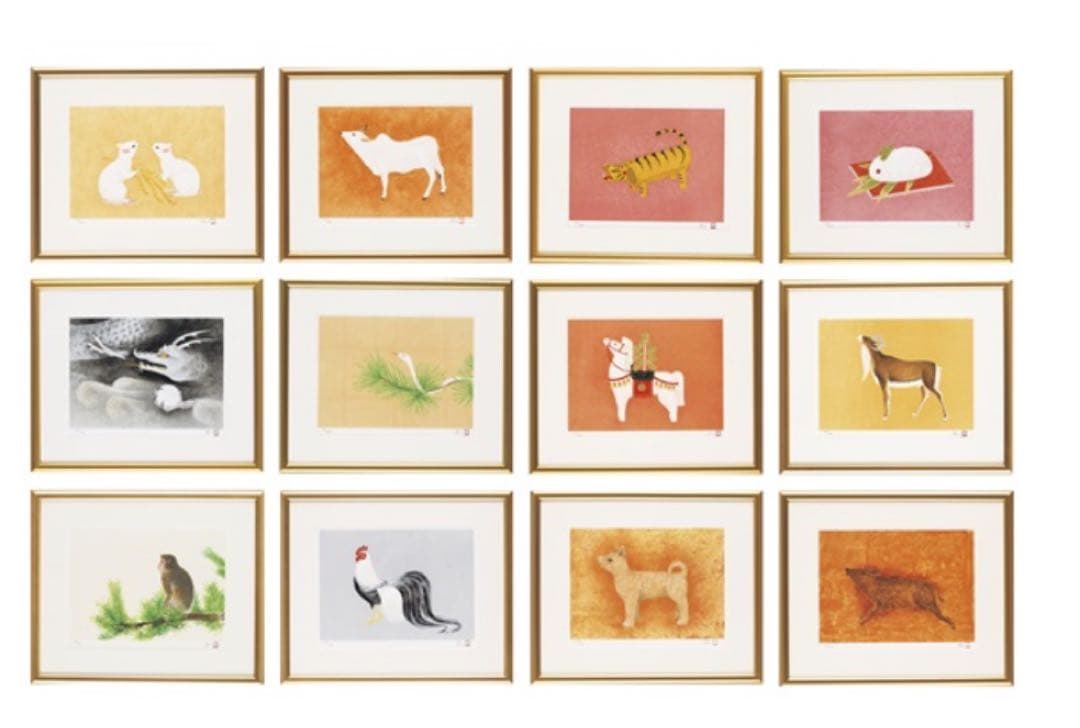 【希少・美品】上村淳之 干支図シリーズ リトグラフ12枚セット額付 美術品 絵画