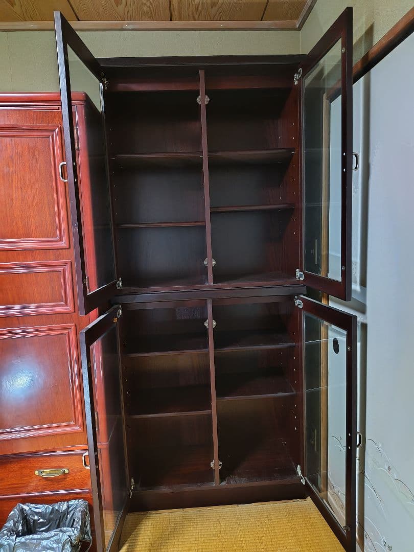 ダークブラウン 木製 ガラス扉本棚 200cm 上下分離可