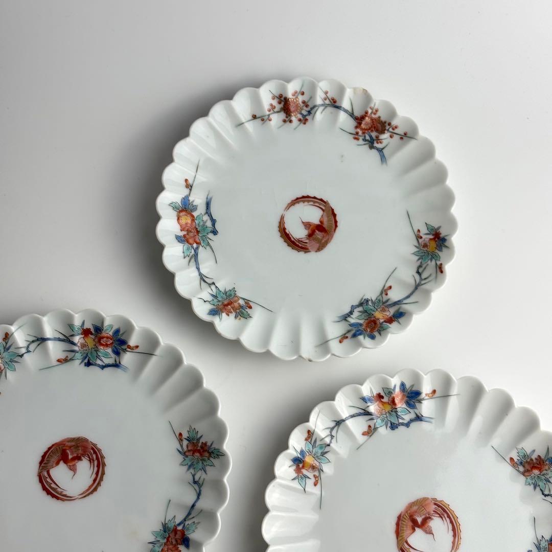 柿右衛門 写し 色絵 柘榴鳳凰図菊型皿 五客 丸皿 骨董 皿