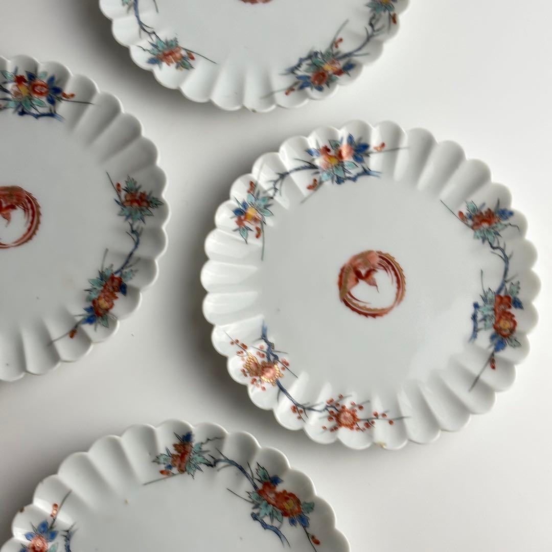 柿右衛門 写し 色絵 柘榴鳳凰図菊型皿 五客 丸皿 骨董 皿