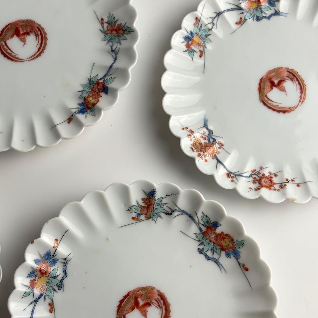 柿右衛門 写し 色絵 柘榴鳳凰図菊型皿 五客 丸皿 骨董 皿