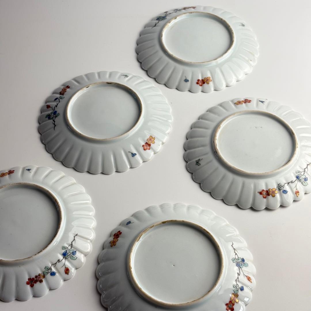 柿右衛門 写し 色絵 柘榴鳳凰図菊型皿 五客 丸皿 骨董 皿