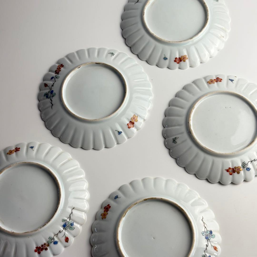 柿右衛門 写し 色絵 柘榴鳳凰図菊型皿 五客 丸皿 骨董 皿