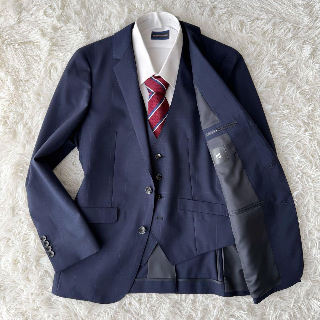 3ピース⭐︎SUIT SELECT セットアップスーツ ウィンドウペン ネイビーS