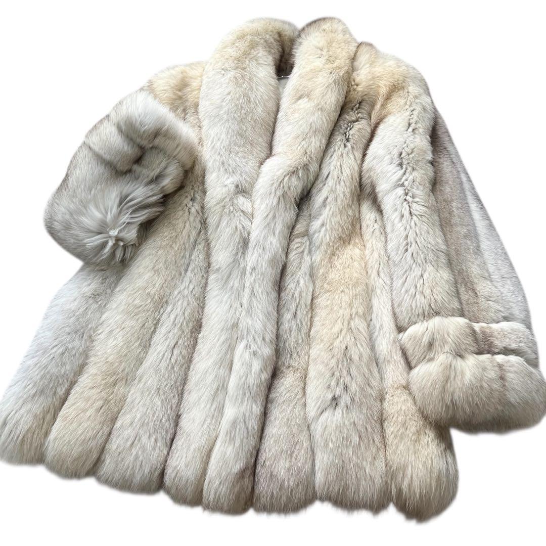 肉厚◎ 着丈80cm サガフォックス ブルーフォックス リアルファー 毛皮 L