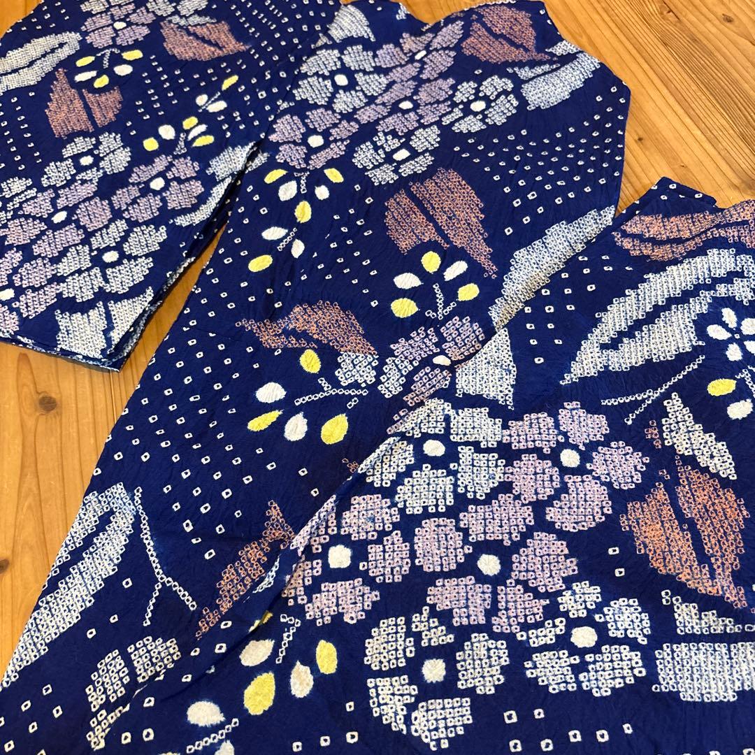 有松鳴海絞り浴衣 ヤマアジサイ 紫陽花 身丈155.5 手縫い 藍染 絞り 浴衣