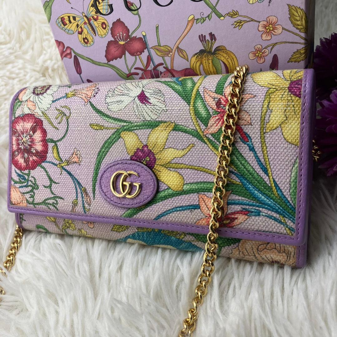 激レア美品✨グッチ◇限定品フローラショルダーチェーン長財布　パープルゴールド金具