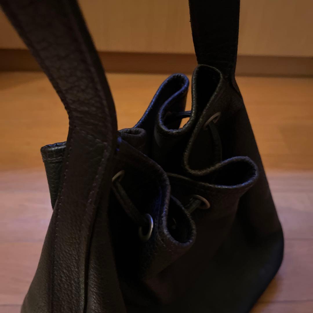 KENZO 黒 レザー ショルダーバッグ 巾着 紫ステッチ