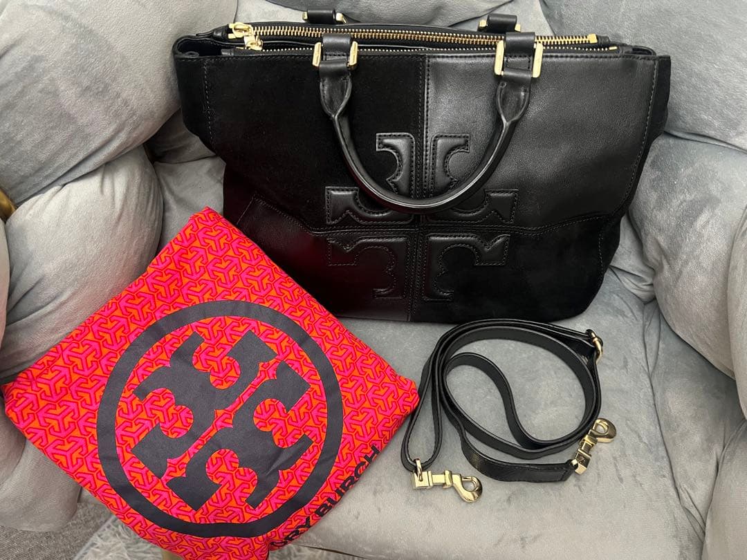 Tory Burchトリーバーチ ブラック レザー スエード ビジネスバッグ