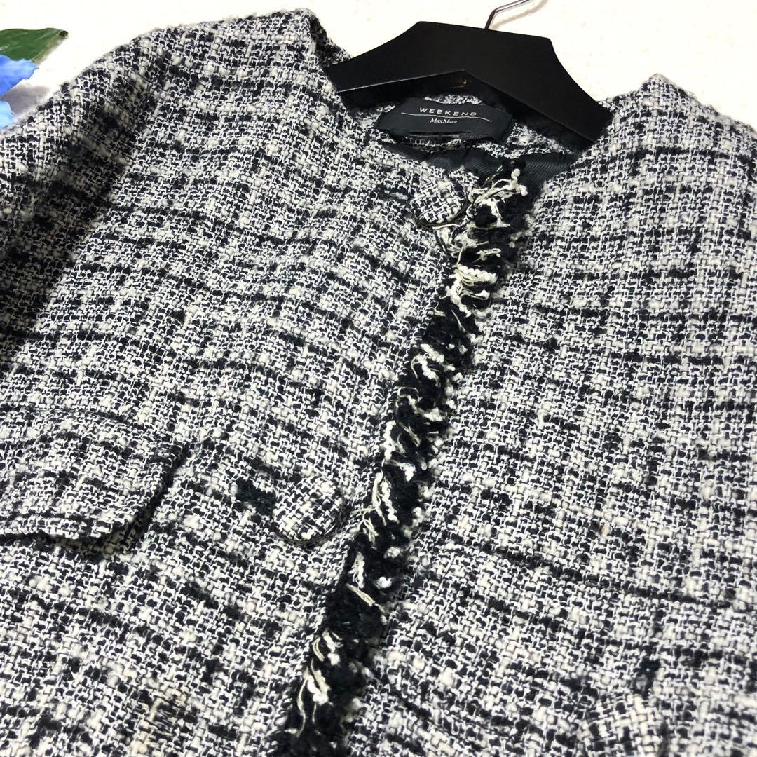 近年モデル✨　マックスマーラ　ノーカラージャケット　ツイード　フリンジ　グレー