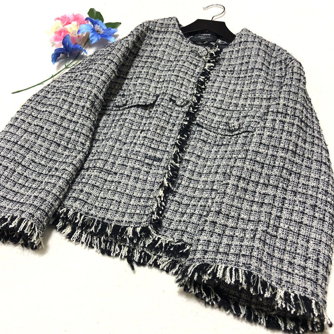 近年モデル✨　マックスマーラ　ノーカラージャケット　ツイード　フリンジ　グレー
