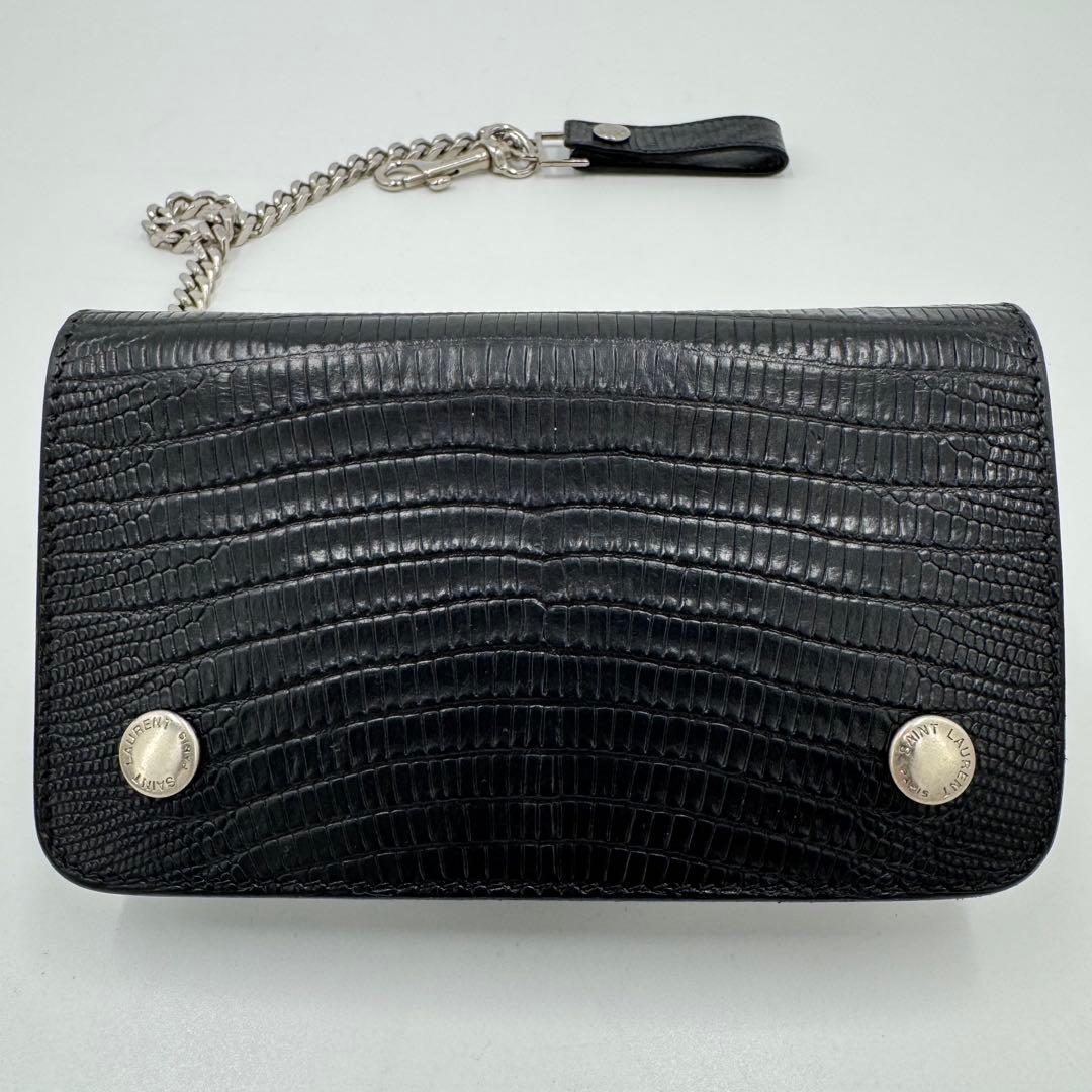 サンローラン トラッカー ウォレット チェーン レザー クロコ型押し 財布 黒