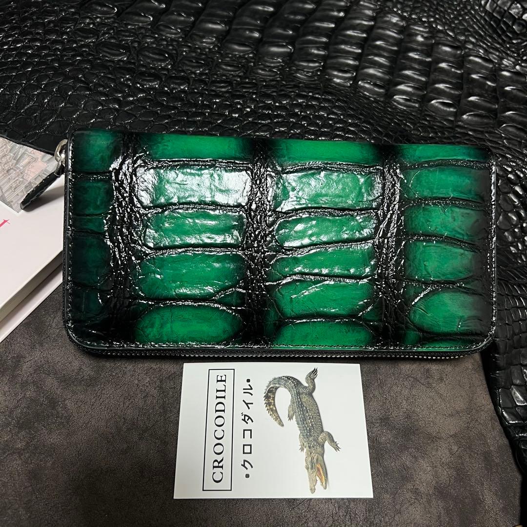 実物一枚革　クロコダイル　ラウンドファスナー 本革　手染め手作り　長財布　人気