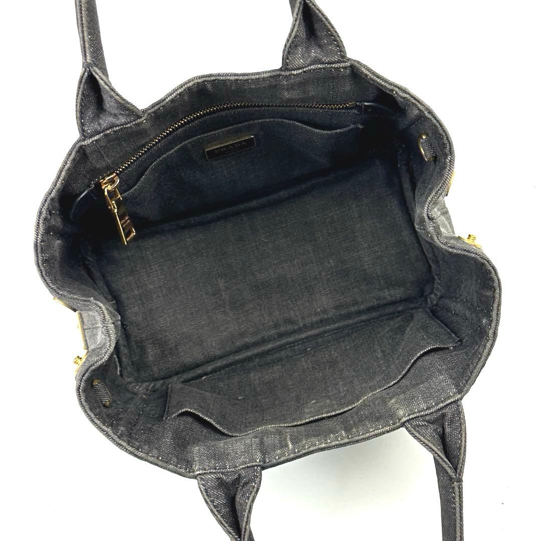 【美品】プラダ　カナパ　ハンドバッグ　三角ロゴ　ゴールド金具　デニム　グレー