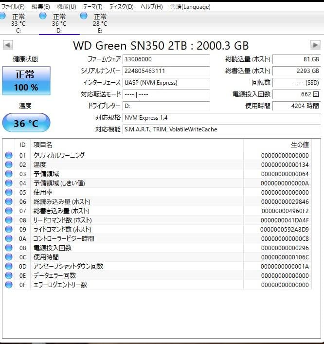 3*ル様 WD Green SN350 2TB【正常100%】