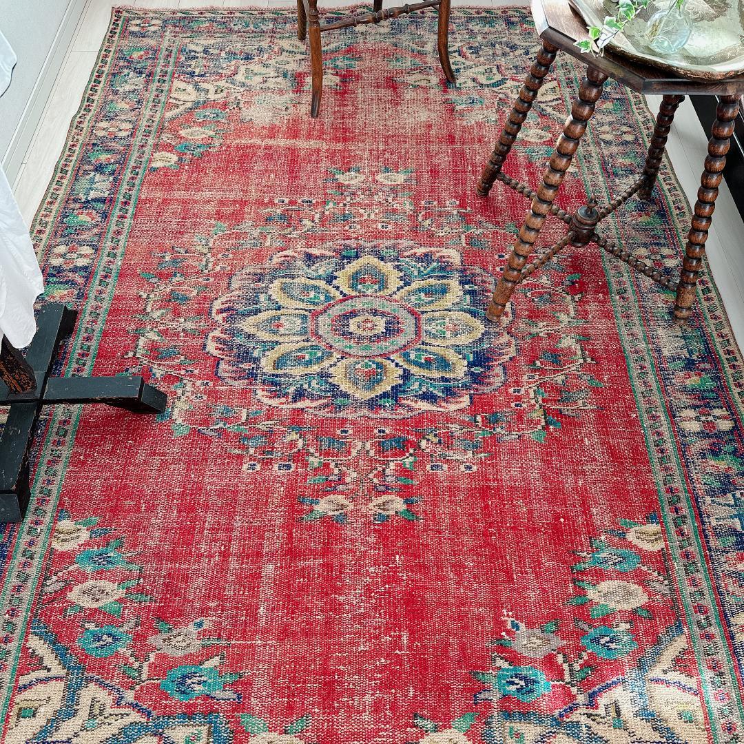 トルコ ヴィンテージラグ A89 超大判 レア レッド ターコイズ ネイビー
