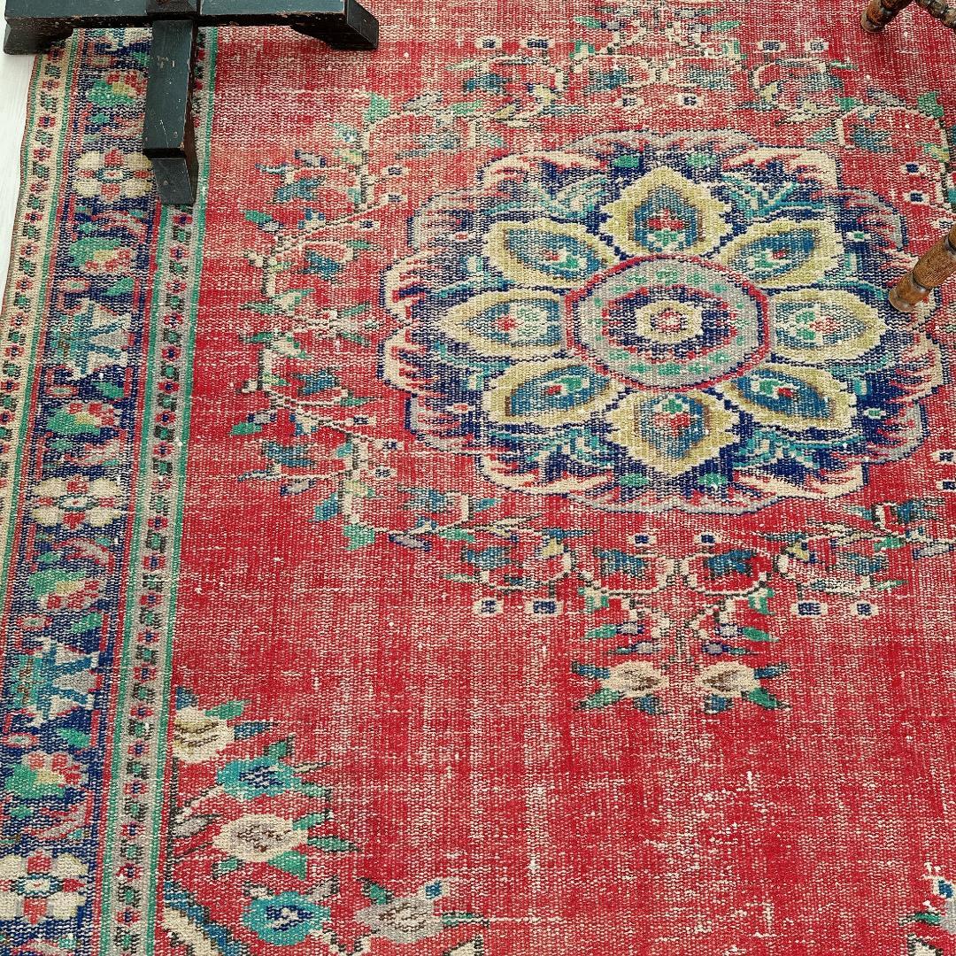 トルコ ヴィンテージラグ A89 超大判 レア レッド ターコイズ ネイビー