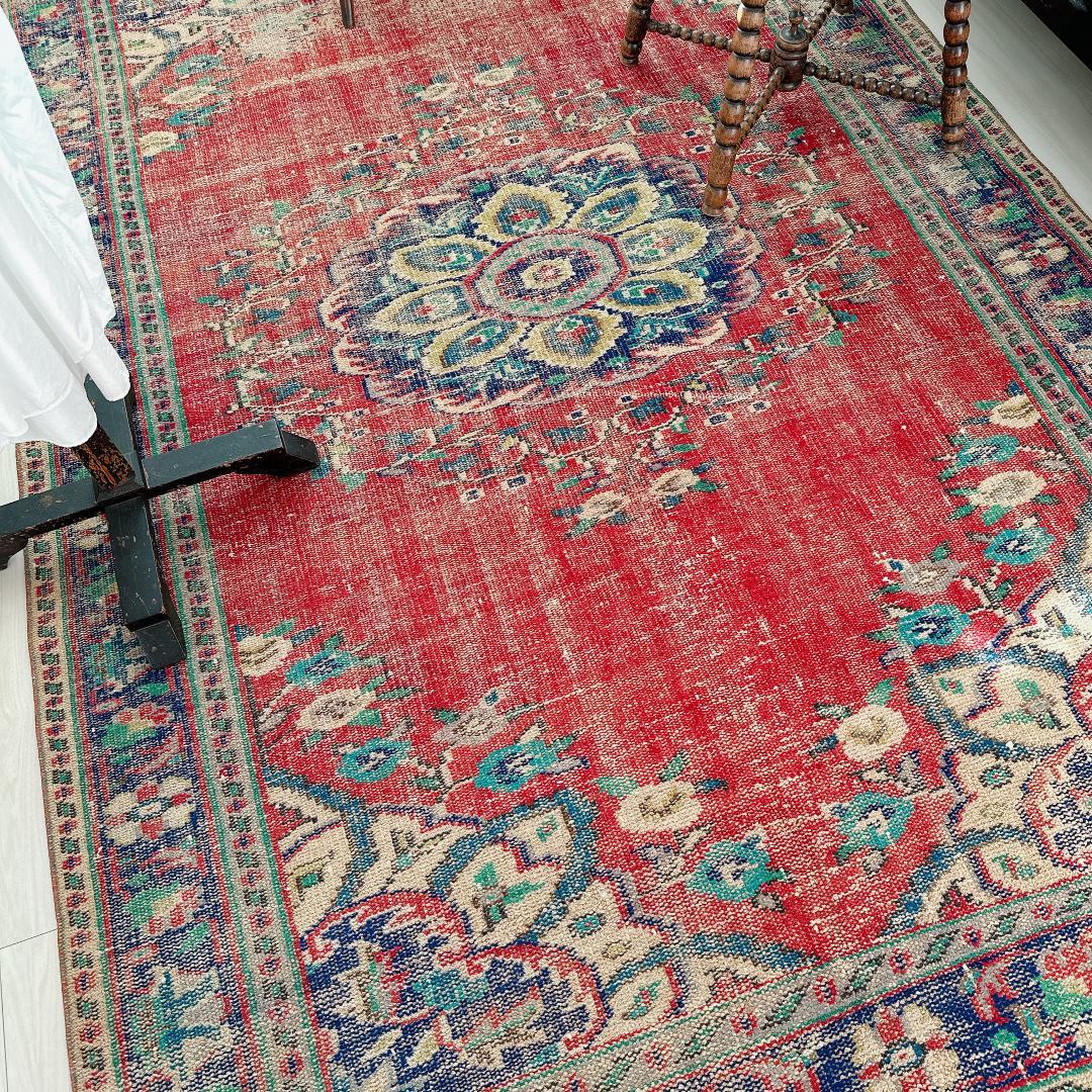 トルコ ヴィンテージラグ A89 超大判 レア レッド ターコイズ ネイビー
