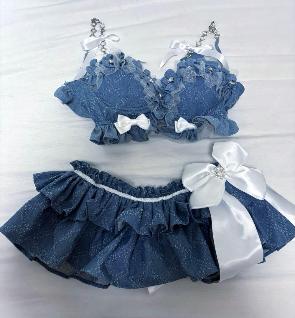 ライトブルーデニムフリルブラ＆スカートセットS