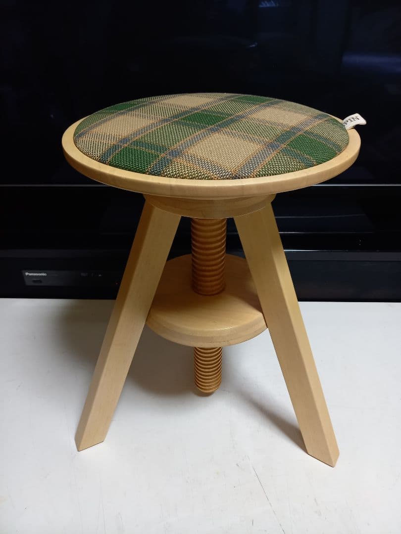広松木工　スピンスツール　ミルクナチュラル　ウッド　チェック柄　クッション