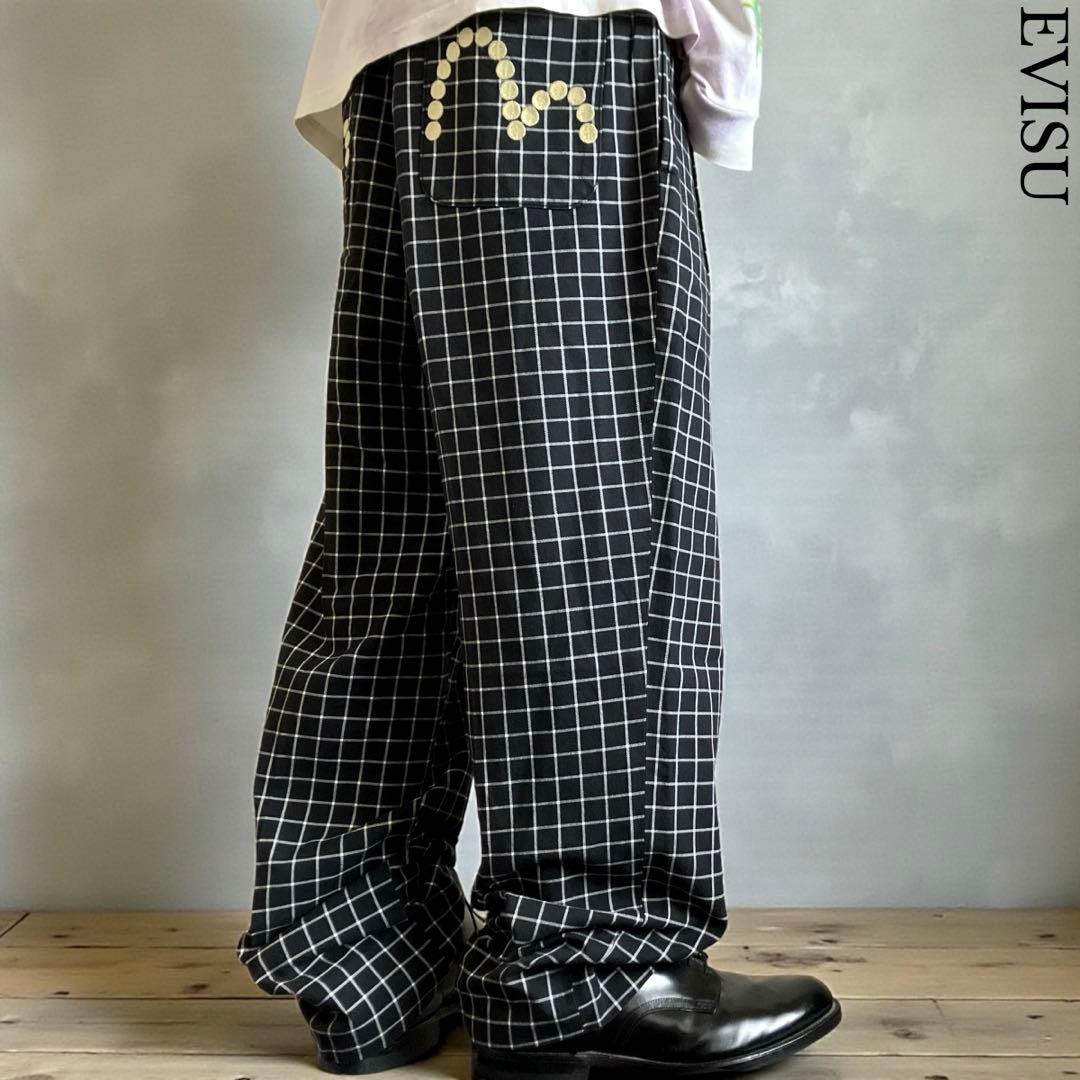 美品00s極太 EVISU 刺繍カモメ ワイドチェックパンツ Y2K ブラック