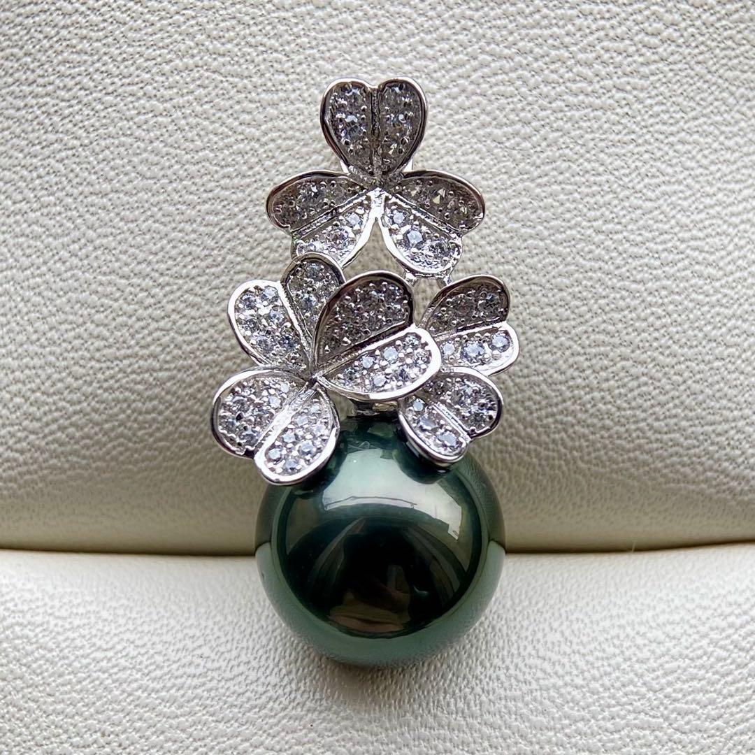 本真珠南洋黒蝶真珠グリーン11.56㍉s925ペンダントBEN946