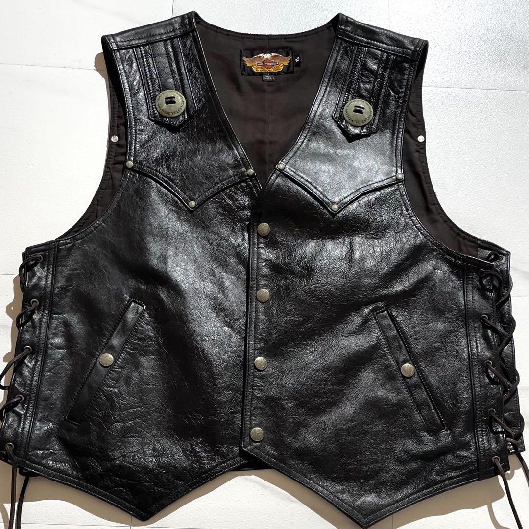 【希少】ハーレーダビットソン レザーベスト XLサイズ 牛革 レースアップ 黒