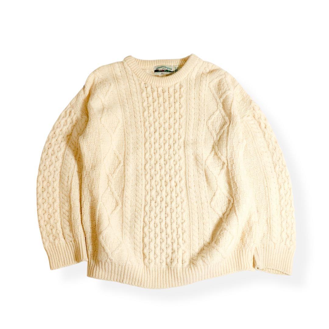 アイルランド製 アランクラフト ウールニット フィッシャーマン XL アイボリー