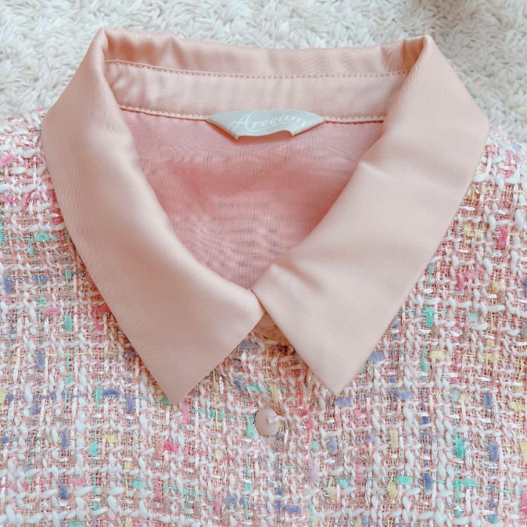 areeam ピンク系ミックスツイード長袖マキシワンピース　異素材　ベルト付き