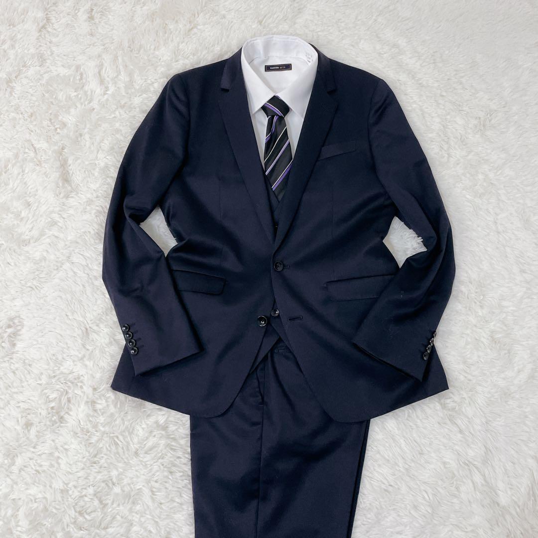 美品✨スーツカンパニー 黒タグ スリーピース 175 A6 シルク混 濃紺　L