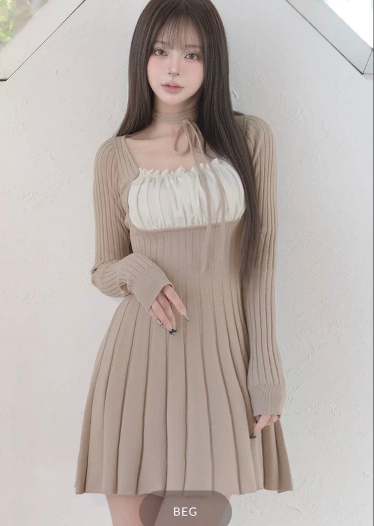 【ダーリッチ】ネックリボンデザインフレアニットミニワンピース