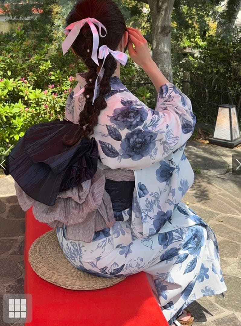 GRL 水彩花柄　浴衣　帯　パール　リボン　帯締め　三点セット