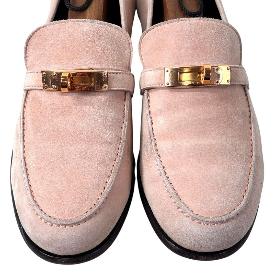 エルメス 36 23 ケリー金具 ローファー スエード ピンク ベージュ