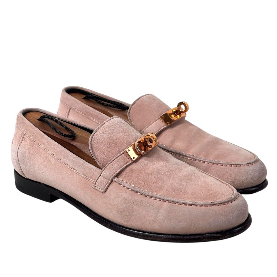 エルメス 36 23 ケリー金具 ローファー スエード ピンク ベージュ