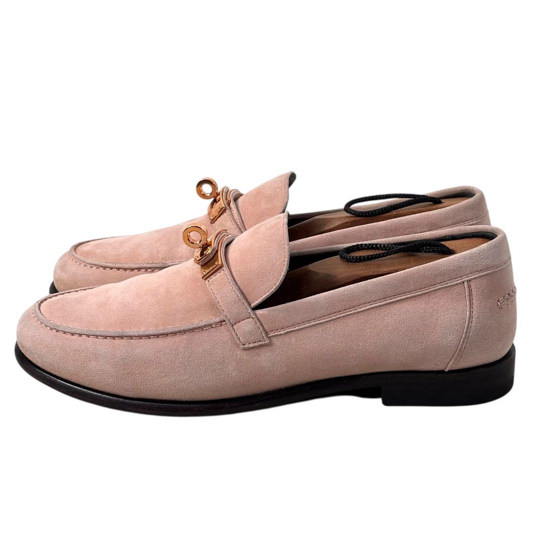 エルメス 36 23 ケリー金具 ローファー スエード ピンク ベージュ