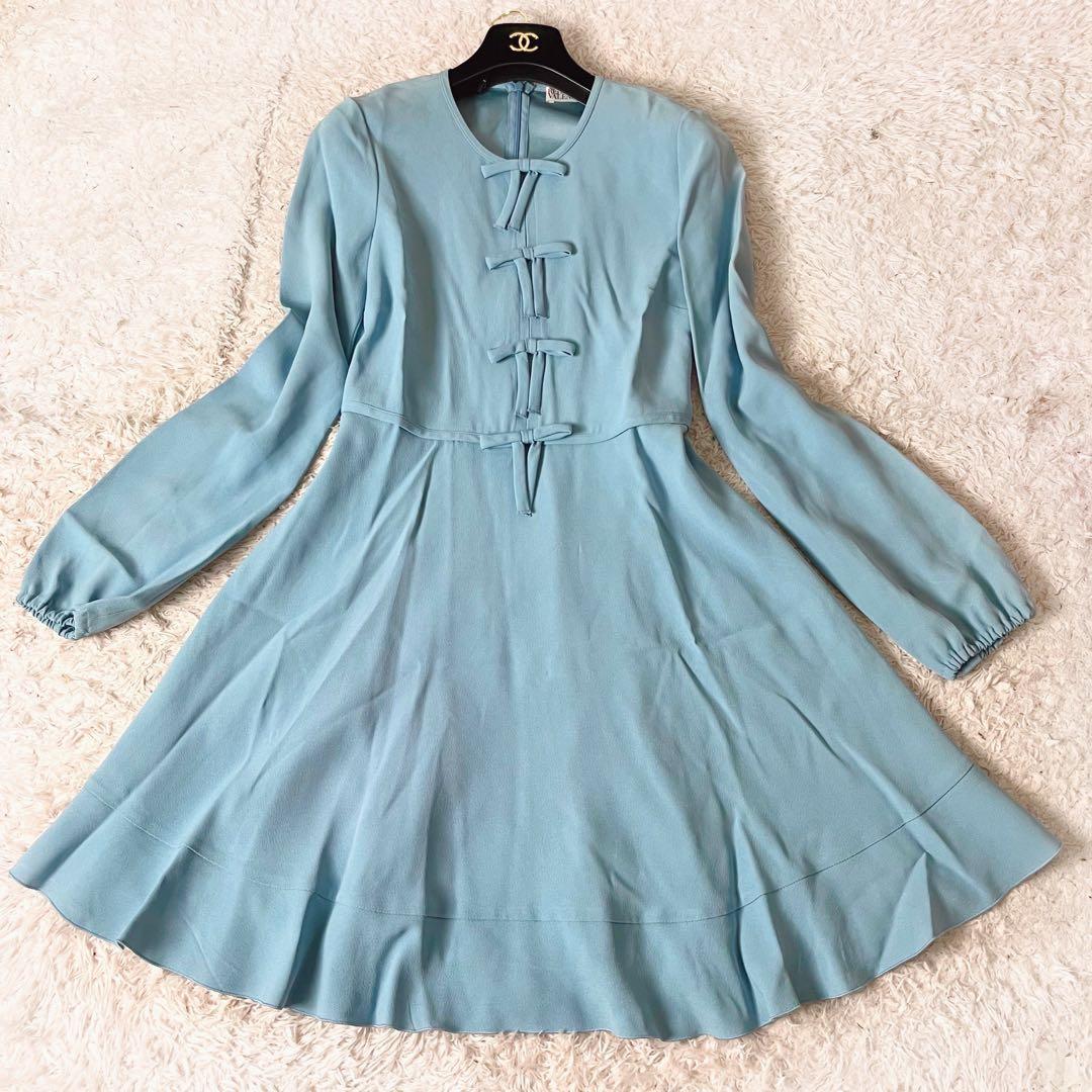 ✖︎ ヴァレンティノ ワンピース Aライン フレア リボン ブルー 水色 M