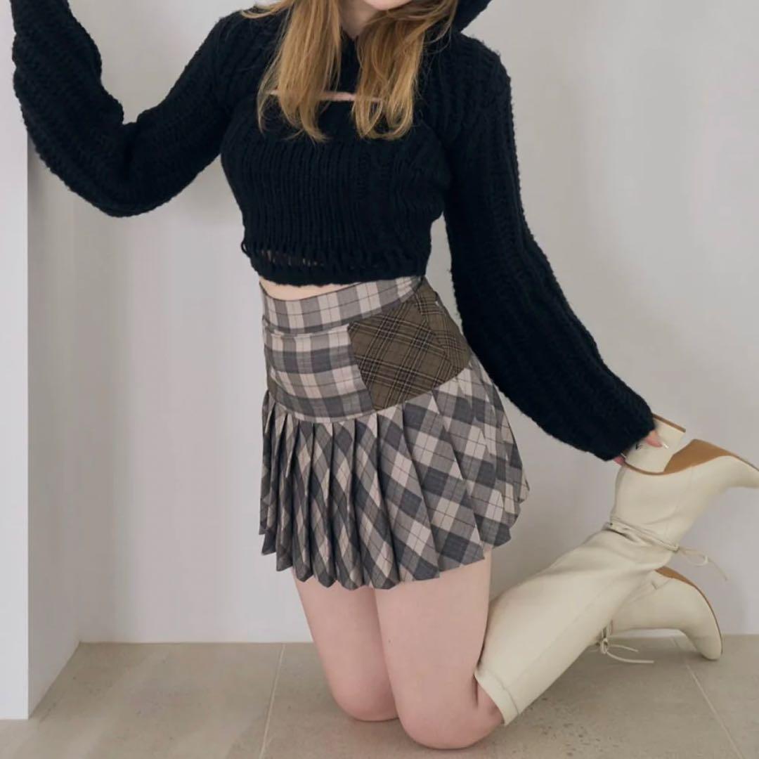 Coco check pleats skirt pink beige Mサイズ