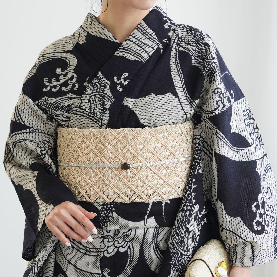 誉田屋源兵衛　アバカ　半幅帯 　生成　芭蕉通風段文　未使用・タグ付き