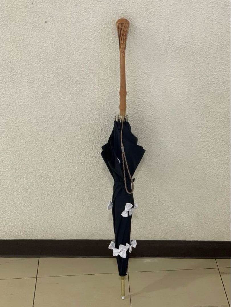 ギィドゥジャン雨晴日傘フランス製黒×白リボン付き晴雨兼用長傘生地張り替え済み