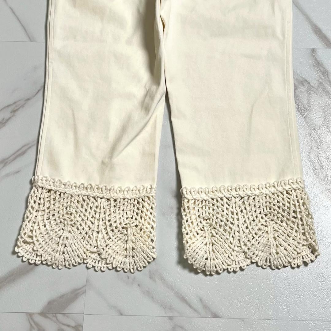 希少・美品　05春　シャネル　ニットレース切替　クロップドパンツ　ロゴプレート