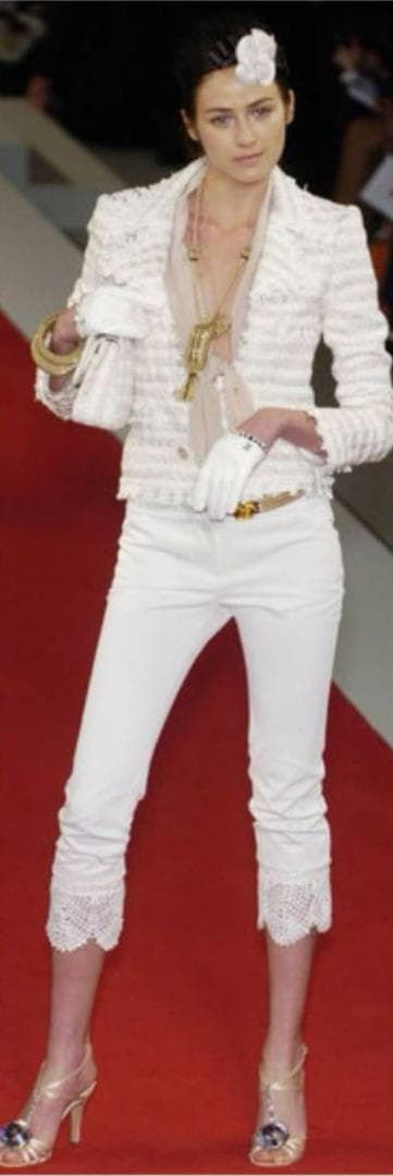 希少・美品　05春　シャネル　ニットレース切替　クロップドパンツ　ロゴプレート