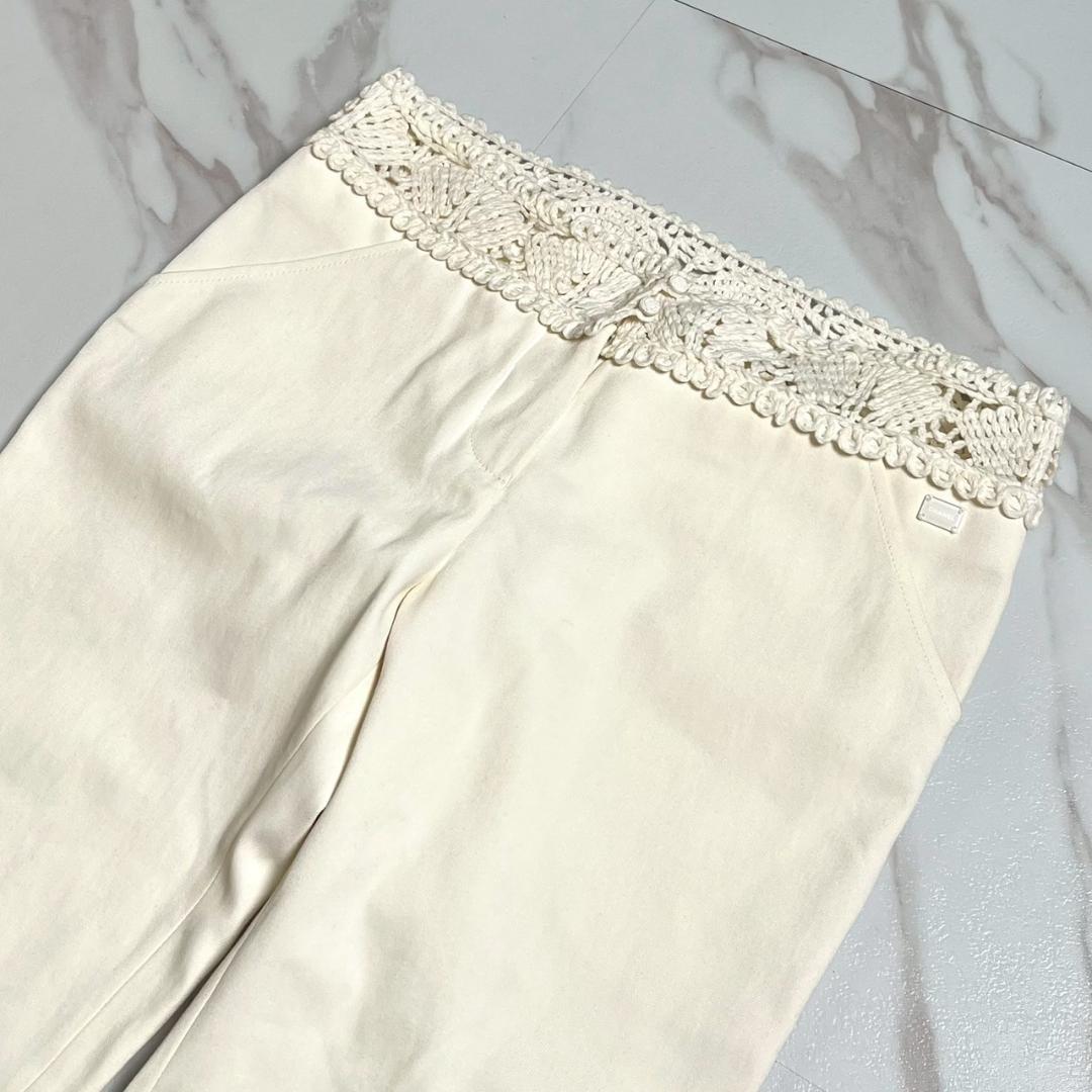 希少・美品　05春　シャネル　ニットレース切替　クロップドパンツ　ロゴプレート