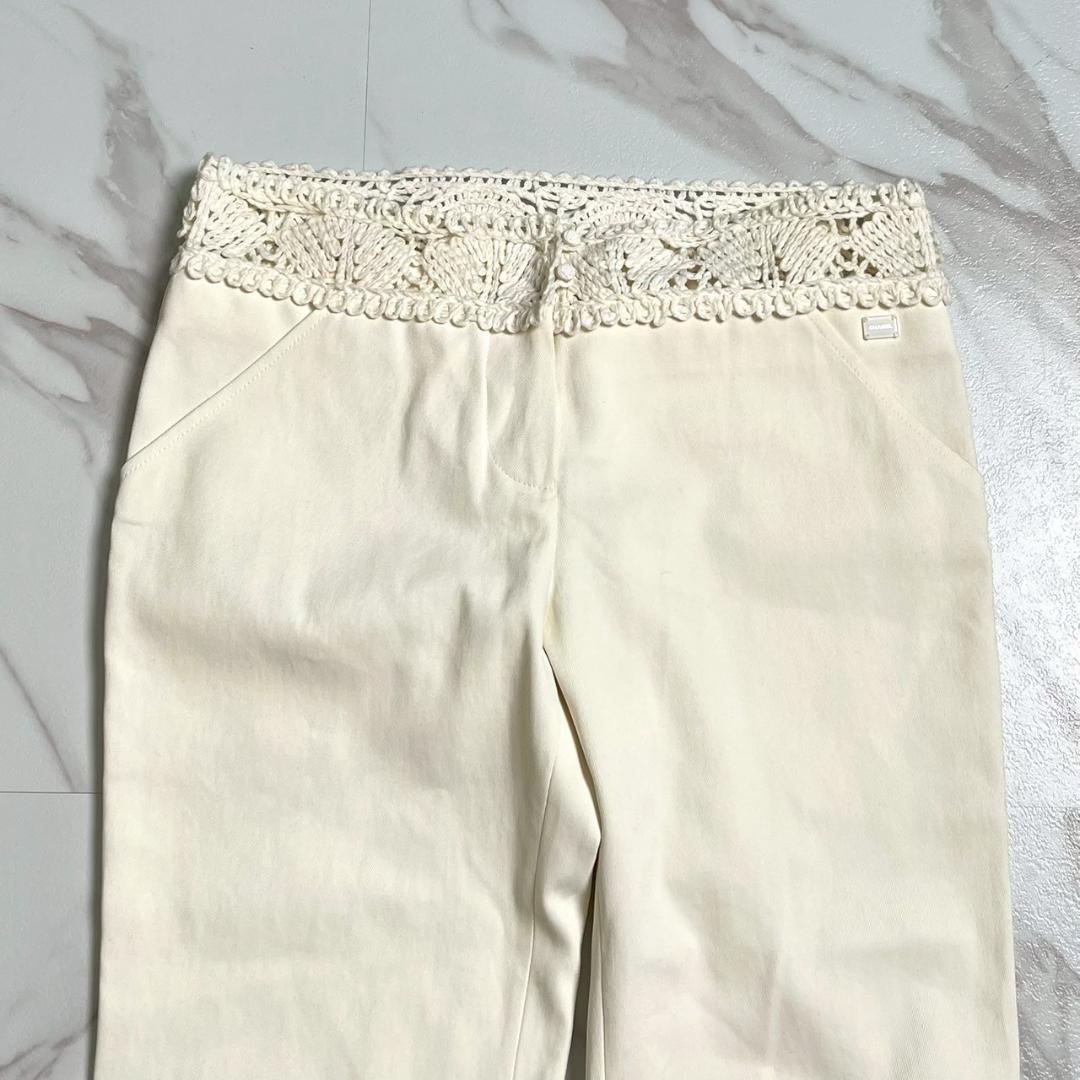 希少・美品　05春　シャネル　ニットレース切替　クロップドパンツ　ロゴプレート