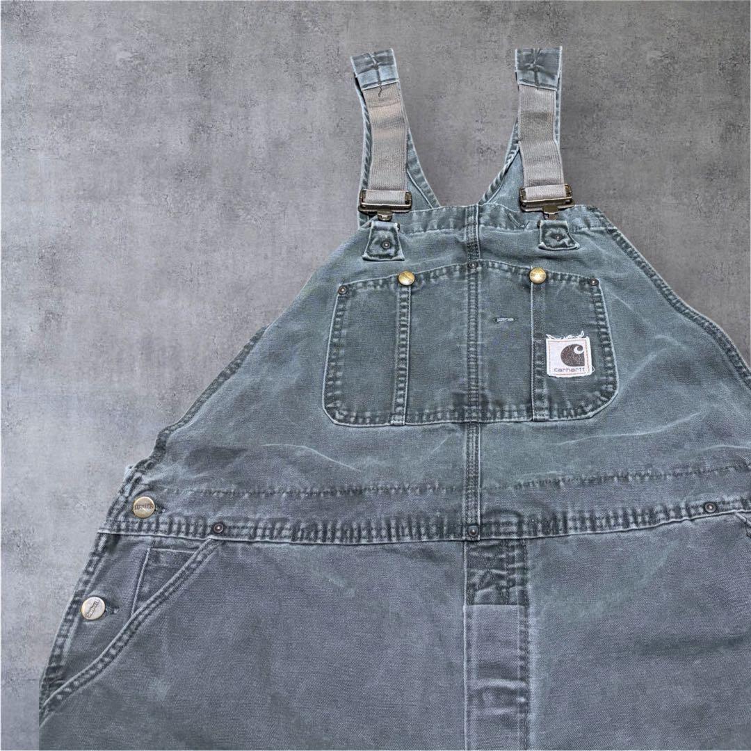 カーハートダブルニーオーバーオールダック地モスグリーンビッグシルエット