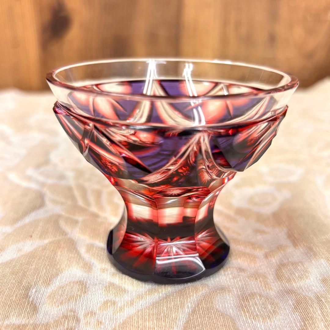 薩摩切子 二色衣 島津薩摩切子 二色被せガラス 切子 猪口脚付盃 瑠璃金赤