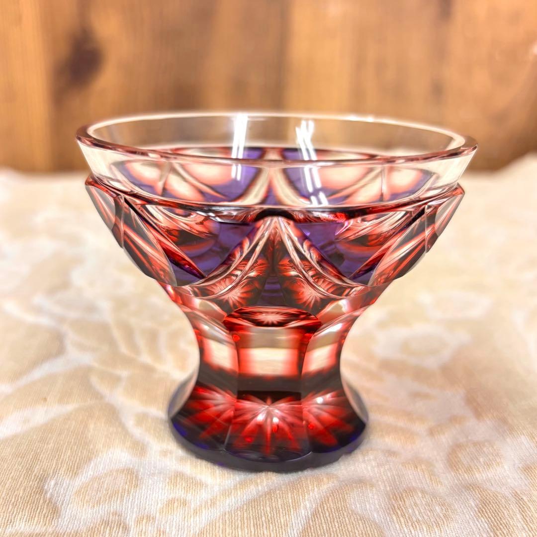 薩摩切子 二色衣 島津薩摩切子 二色被せガラス 切子 猪口脚付盃 瑠璃金赤