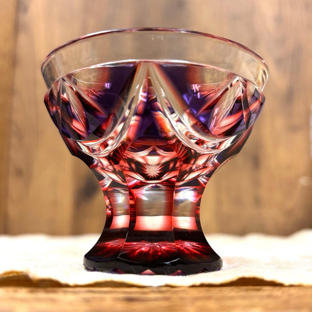 薩摩切子 二色衣 島津薩摩切子 二色被せガラス 切子 猪口脚付盃 瑠璃金赤