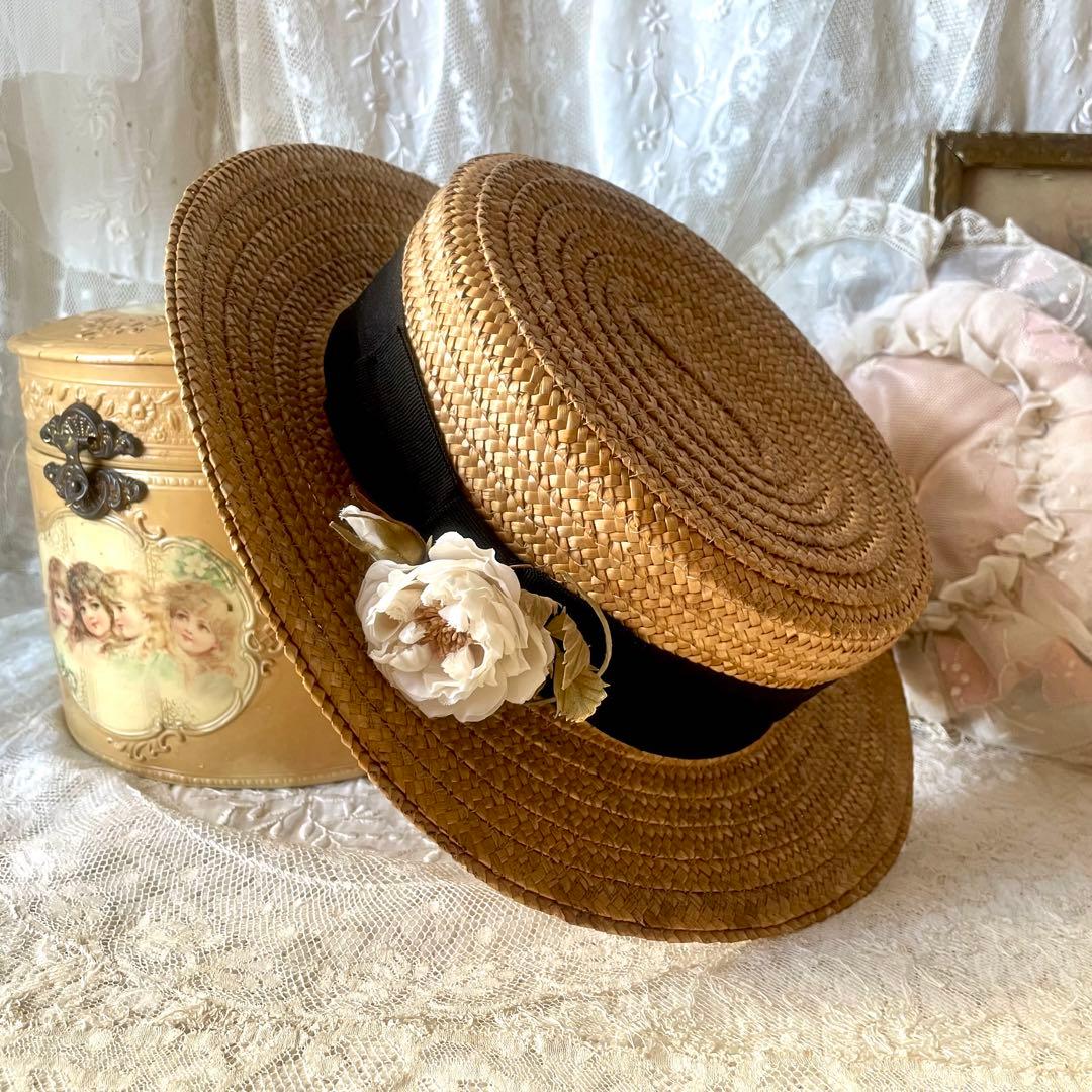 チャイルドハット　カンカン帽　フランスアンティークヴィンテージ　麦わら帽子